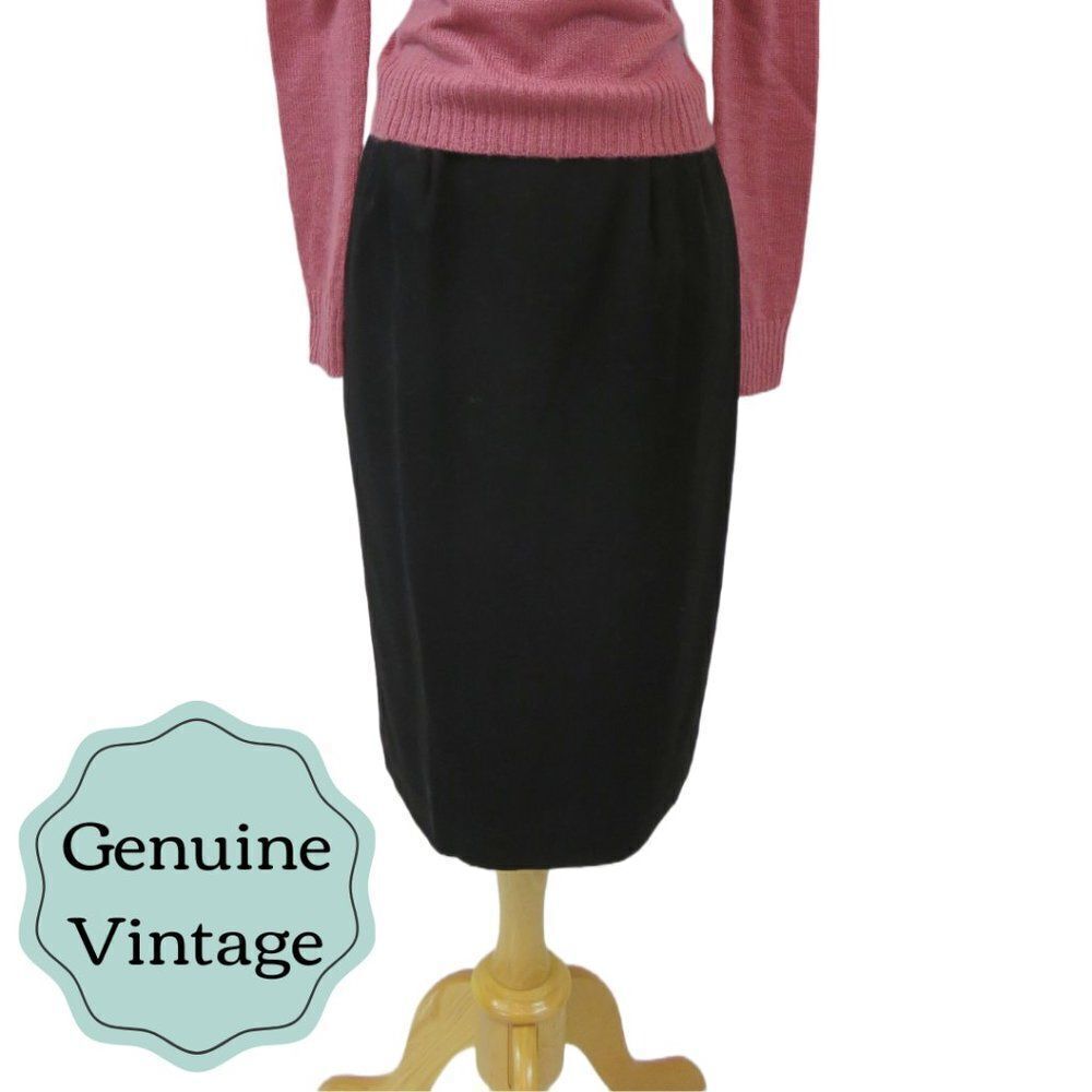 Vintage Pencil Skirt- Black Wool - 1950's 1960's Office Secretary - Retro 2 XS  